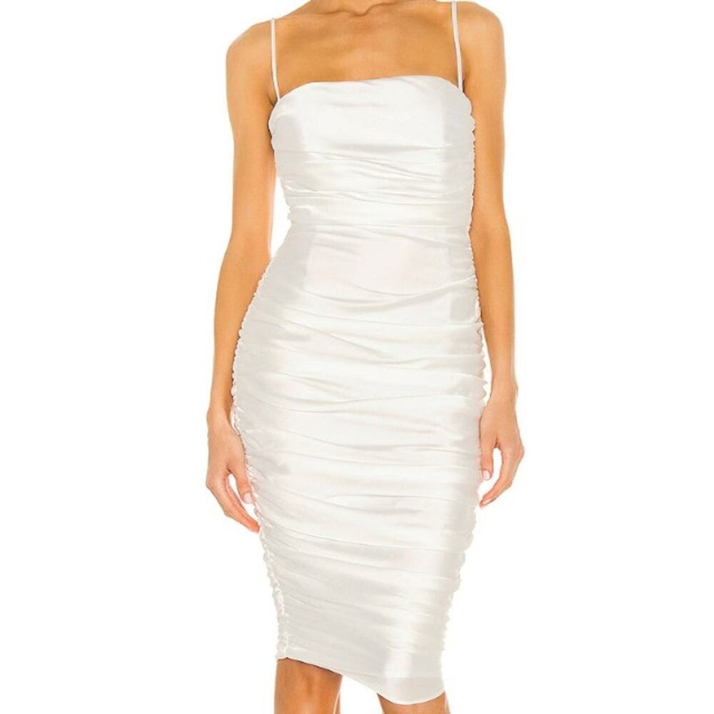 NOOKIE XL white Cooper ruched exposed zipper strappy knee length dress NWT B91